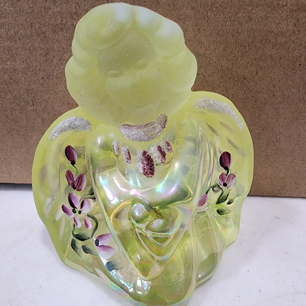 FENTON Lime Green Opalescent Guardian Angel Figurine Hand Painted Artist Signed
